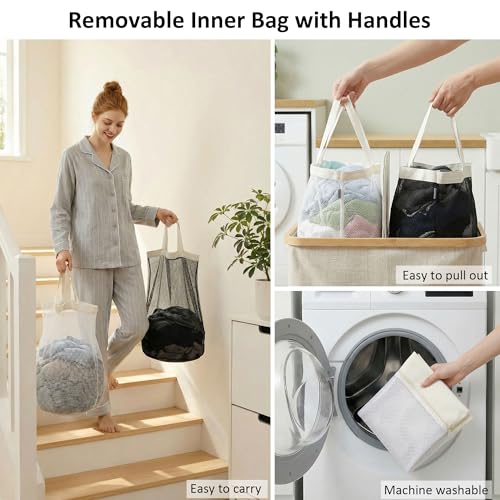 efluky Laundry Hamper with Lid, Double Laundry Basket with 2 Removable Bags, 2 Section Laundry Bin with Bamboo Handles for Bathroom, Bedroom & Laundry Room, 140L (36.9 Gallon) Beige