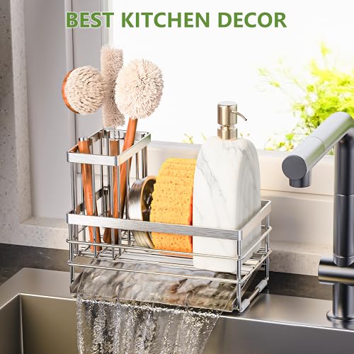 Sink Caddy Sponge Holder for Kitchen with Brush Holder and Stainless Steel Self Drain Tray, Rustproof Kitchen Sink Organizer for Sponge, Soap Dispenser Storage Accessories