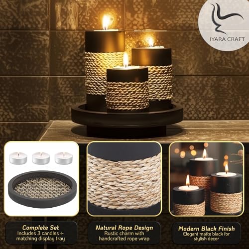 IYARA CRAFT Candleholder Set with Tray, Set of 3 Rustic Black Wooden Tealight Candle Holders with Natural Rope Accent, Coffee Table Centerpiece, Farmhouse Home Decor, Housewarming
