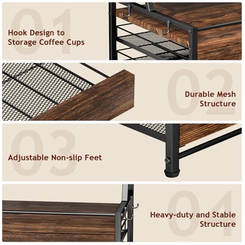 Coffee Syrup Rack Organizer - 4-Tier 8 Syrup Wine Bottles Stand with 82 Storage Drawer for K Cups, Coffee Pod Holder for Countertop, Bar Station, Kitchen, Rustic Brown