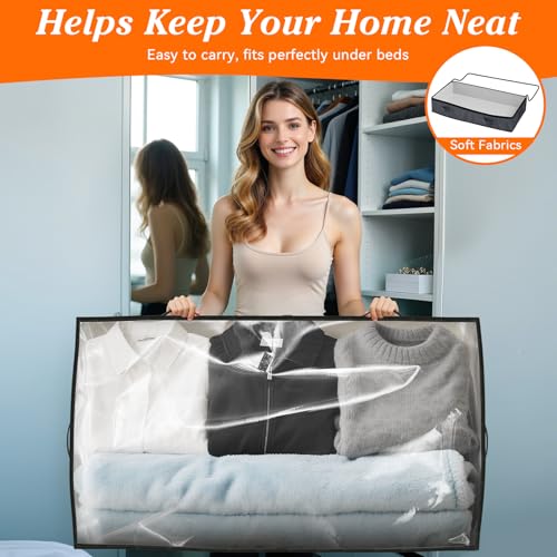90L Under Bed Storage Containers, Storage Bags, Organizers, 2-Pack, Gray | Foldable, Soft Fabric, Closet Organizers, Reinforced Handle, Label Holder, Clear Window, for Comforters, Clothing, Blankets