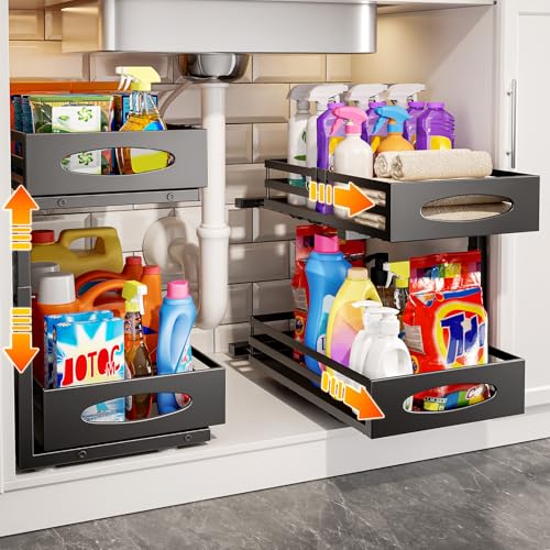 Under Sink Organizer, 2 Tier Under Sink Organizers... (Black | Carbon Steel)