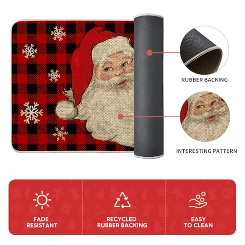 Artoid Mode Buffalo Plaid Snow Santa Claus Christmas Kitchen Rugs Set of 2, Winter Low-Profile Floor Mat Merry Christmas Decorations for Home Kitchen - 17x29 and 17x47 Inch