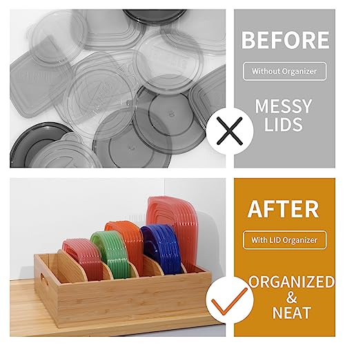 Bamboo Lid Holder Food Container, Kitchen Organizer with 5 Adjustable Dividers, Cabinet Organizer for Food, Kitchen Gadget, Container Lids (2pcs)