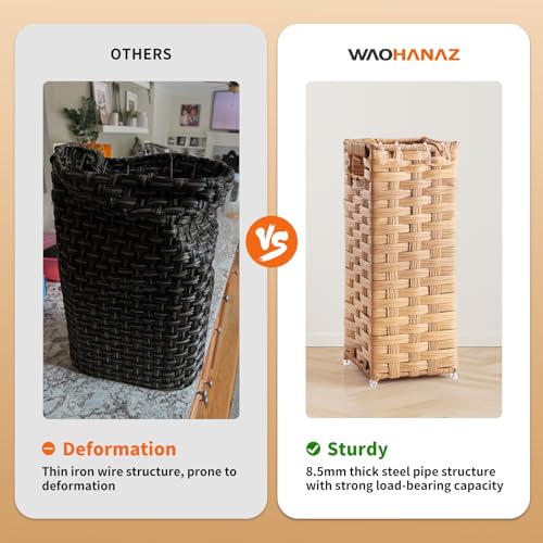 Rattan Umbrella Stand, Umbrella Holder for Entryway, Hand Woven Umbrella Rack Organizer Freestanding, with a Detachable Drip Tray, 4 Hooks, 6.5" L x 6.5" W x 16.5" H, Natural