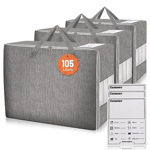 3 Pack 105L Comforter Storage Bags, Extra Large Bedding Storage Bags with Card and Clear Window, Reinforced Handles & Zippers, Foldable Closet Organizers for Blanket Pillow Clothes