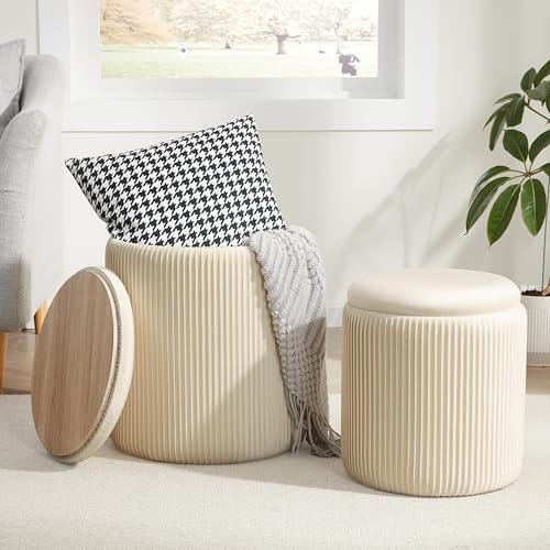 Royal Windsor Round Ottoman with Storage Set of 2, Storage Vanity Stool | Velvet Upholstered Round Storage Ottoman, Ottoman Coffee Table, Small Foot Stool for Living Room & Bedroom, Beige