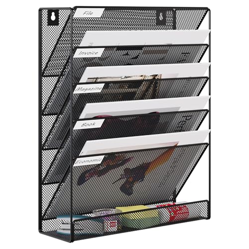 EasyPAG 5 Tier Wall File Holder, Mesh Hanging Folder Organizer with Classify Label, Versatile Desk File Holder, Vertical Wall Mounted Mail Organizer for Office Home Cubicle, Black