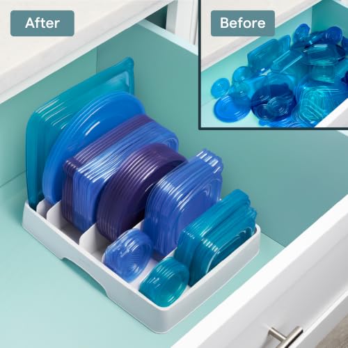 YouCopia StoraLid Food Container Lid Organizer for Kitchen Cabinet Storage with 5 Adjustable Dividers, 10.5''D × 13.4''W × 3.3''H, Large Classic Edition, White