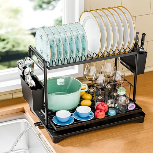 Dish Rack, Dish Drying Rack 2 Tier, Stainless Stee... (Black | Metal)
