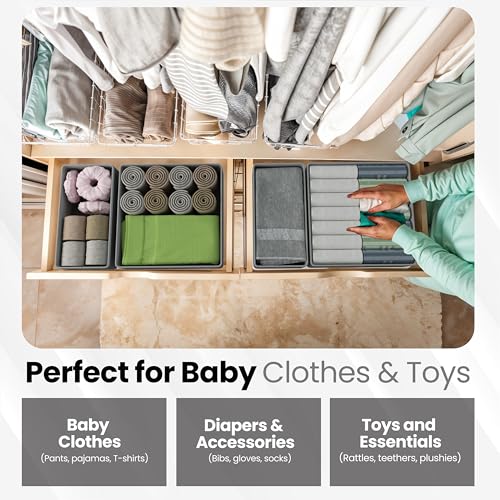 Drawer Organizer – 12 Pack Foldable Gray Fabric Storage Bins for Baby Clothes, Closet, Dresser, Nursery, Underwear, Diapers, Socks | Soft Drawer Dividers for Bedroom & Home Storage