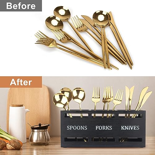 Wooden Silverware Caddy for Party Cutlery Utensil Holder Organizer Counter | Small Black Silverware Holder Table Wood Flatware Utensil Caddy Kitchen Countertop Decor Spoon and Fork Holder Cutlery Basket