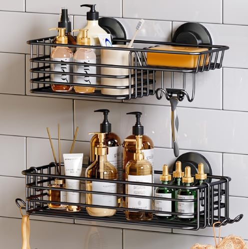 Shower Caddy Suction Cup 2 Pack with Hooks & Soap... (Black | Metal)