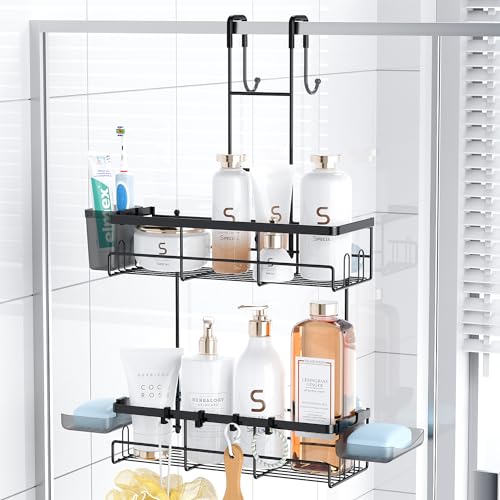 Over the Door Shower Caddy Hanging: Rustproof Shower Door Organizer | Shower Door Rack for Inside Shower, No Drilling Shower Storage Shelf with Hooks, Soap & Toothbrush Holder