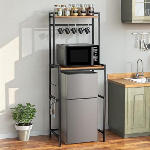 2-Tier Mini Fridge Stand with Storage, Black+Brown (Brown | Carbon Steel)