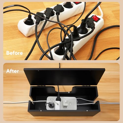 Large Cable Management Box - Wood Cable Organizer Box and Power Strip Box for Electrical Cord Management - Hide Desk Cord and Floor Cables - Wire Storage and Organization for Cords, Black