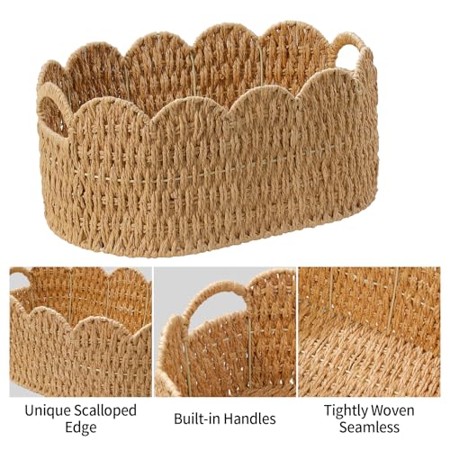 Paper Rope Scalloped Basket Set of 2, Wicker Storage Baskets for Shelves,Gifts,Books,Toys,Cute Decor Rattan Baskets for Organizing,Natural Color