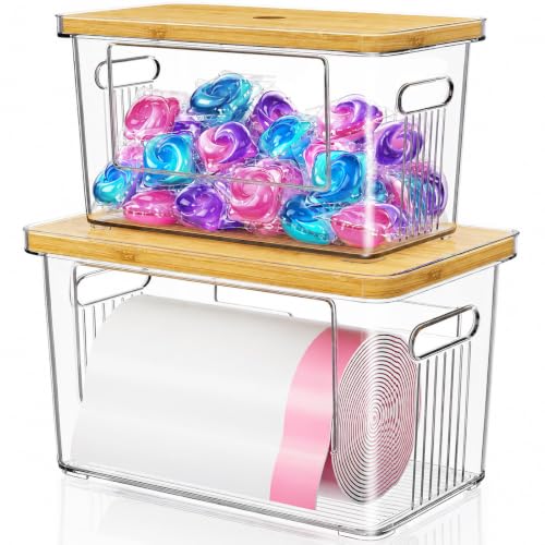 2 Pack Trash Bag Holder with Bamboo Lid for Laundry & Dishwasher Pods, Acrylic Trash Bag Dispenser Roll Containers Under Sink, Plastic Container Garbage Bags Storage Organizer for Kitchen,Cabinet, Pod