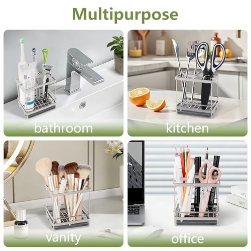 Electric Toothbrush Holders for Bathrooms Toothpaste Organizer, Sliver | Carbon Steel, Removable Diatomite Drip Tray, 5 Slots Kids Tooth Brush Holder for Countertop, Shower, Vanity