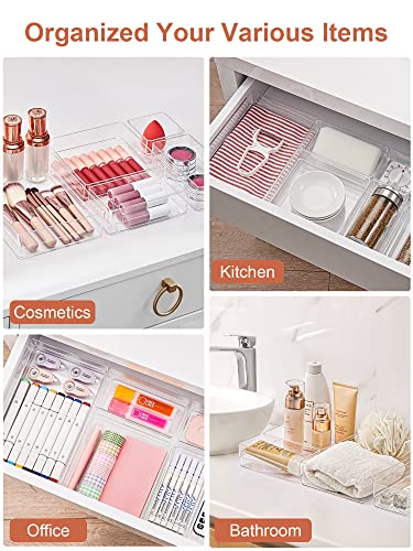 SMARTAKE 13 PCS Drawer Organizer 5-Size Desk Makeup Drawer Organizer Clear | Storage Trays for Makeup with Non Slip Silicone Pads, Jewelries, Utensils in Bedroom Dresser, Office, Kitchen and Bathroom