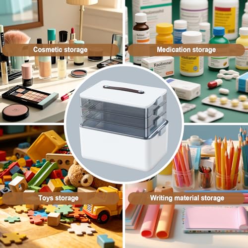 MOPUP 4-Tier Medicine Craft,Sewing,Art,Organizer Storage,Portable Latch Bin with Lid and Leather Handle,Pill Bottle, First Aid,Multipurpose Organizer with Removable Tray,A Household Essential