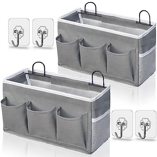 Kanrichu Wall Hanging Organizer Bag, 2-Pack Linen Storage Baskets with Pockets, WallHanging Storage Basket for Bedroom, Kitchen, Office, RV Camper (Gray)