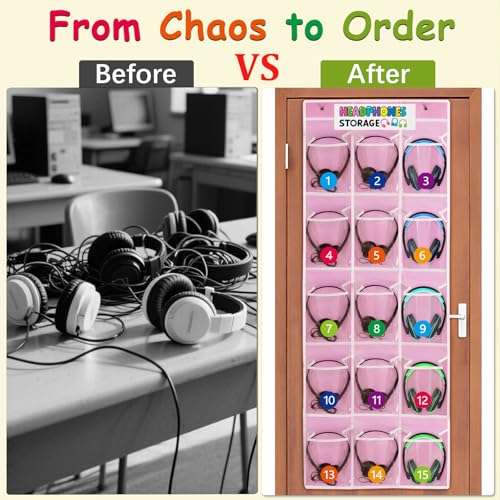 2 Pack Classroom Headphone Storage Organizer with 30 Pockets & 62 Labels | PVC Clear Classroom Pocket Chart for Headphone Cell Phone Over-the-Door Hanging Headphone Holder Bag for School Library, Pink