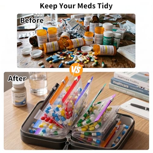 Waterproof Pill Organizer Set, 7-Day AM/PM Weekly Medication Case with 14 Pouches (7 Distinct Colors), Travel Waterproof Pill Pouch, BPA-Free Compact Zippered Storage Binder for Travel, Daily (Black)