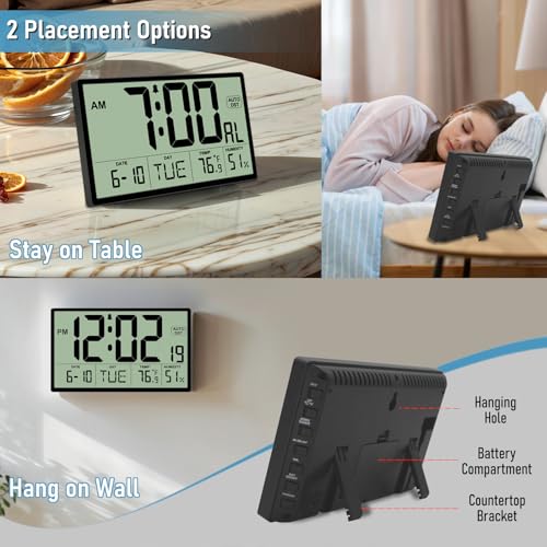 9‘’ Narrow Bezels Battery Operated Digital Wall Clock with Temperature and Humidity - Auto DST, Large 2⅝'' Digits, 5-Level Volume Alarm (3 AA Included) - Wall Mount/Desktop for Office Bedroom Kitchen
