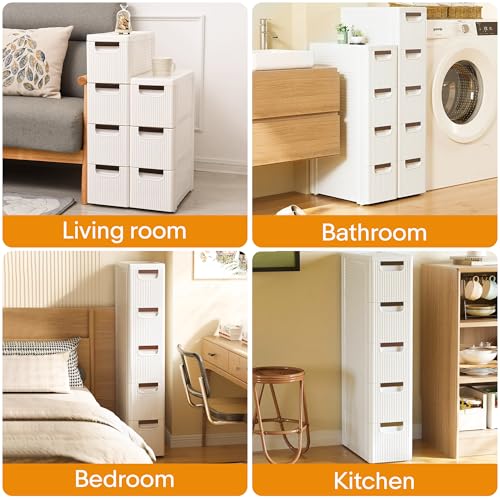5 Drawers Slim Bathroom Storage Cabinet Dresser, Narrow Plastic Rolling Cart Organizer with Drawers, for Small Spaces, Kitchen, Laundry, Office, Bedroom, White
