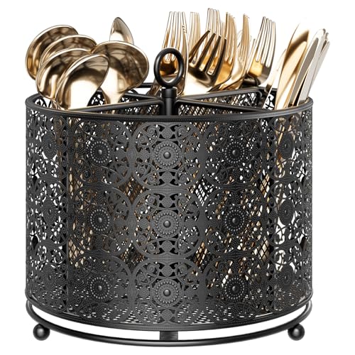 YIUKEA 360° Rotating Utensil Caddy Countertop - Cutlery Silverware Caddy Holder with 4 Compartment - Higher Raised Flatware Organizer with Handle for Party Kitchen Counter Office Black