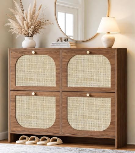 Freestanding Ultra Slim Arched Accent Entryway Shoe Storage - 4 Flip Drawers & 3-Tier Adjustable Shelves, Modern Slim Shoe Cabinet for Hallway, Foyer (flip Down Shoe Cabinet | Amber Oak)