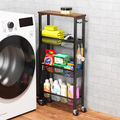 Utility Slim Storage Cart on Wheels, 4 Tier Laundr... (Black | Metal)