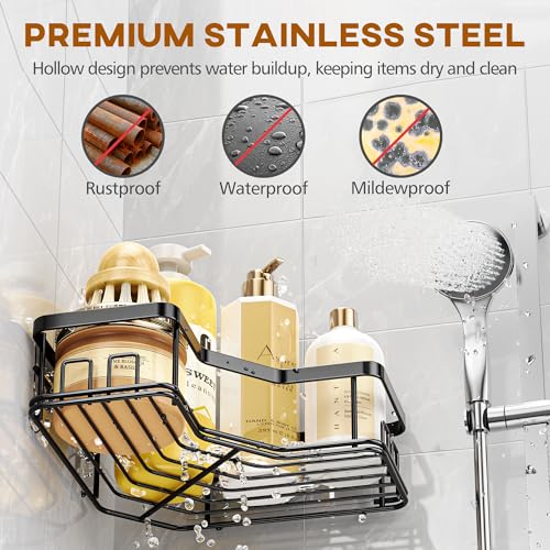 MAXIFFE 3 Pack Corner Shower Caddy with Soap Holder, Large Capacity Sturdy Easy Install No Drilling Stainless Steel Hold 40 LBS Shower Organizer Shelves Rack Storage for Family Renters Bathroom, Black