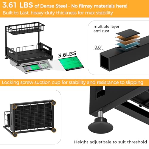 2-Pack L-Shaped Under Sink Organizer, 2-Tier Pull-out Cabinet Rack | Black Height-Adjustable Steel Rack, Sliding Grid Drawers with PP Liners, Holds 100 Lbs, Suction Base, Ideal Kitchen Storage