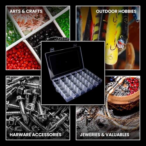 Budreu 4pack 36 Grids Plastic Clear Organizer Box Bead Storage Containers with Adjustable Dividers for Craft Jewelry Fishing Tackles Parts Storage with 4 Sheets Label Stickers