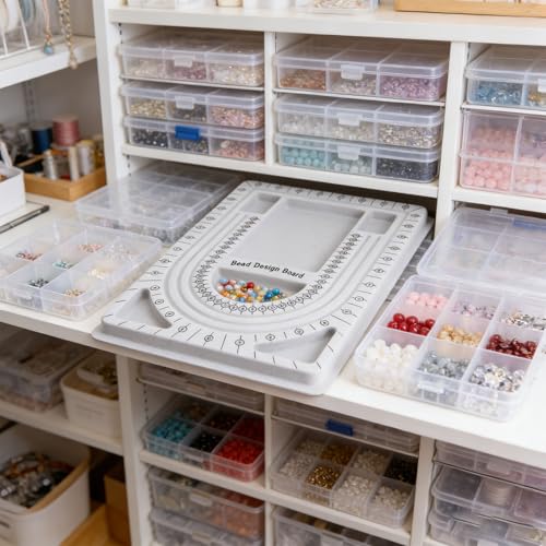 4-Pack Necklace Measurement Bead Board Jewelry Bracelet Making Trays | Gray Flocking Bead Design Board Metered Bead Plate Bulk for Jewelry Necklace Making Supplies