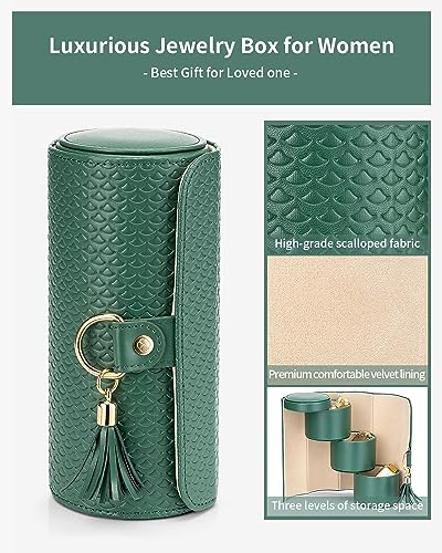 VLANDO Travel Jewelry Organizer, 3 Tier Roll Up Design, Hard Shell Storage | Stepped Sections Compartments Keep Jewelry Visible, Soft Lining Protect Pieces, Snap Closure, Travel Gift for Women Girl