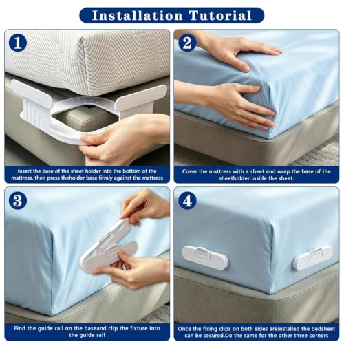Bed Sheet Holders for Corners, 4 Pack Fitted Sheet Grippers with 8 Locks | 4 Holders + 8 Fasteners, Non-Slip Sheet Clips, Snap Lock Design,Easy Install, Universal For Home Hotel Kid Bed