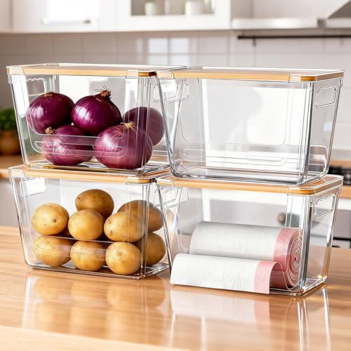 4 Pack Pantry Storage Containers for Onions, Potatoes and Trash Bags | Clear Design for Easy Access, Premium Bamboo Lid, Multi-Functional & Stackable Storage