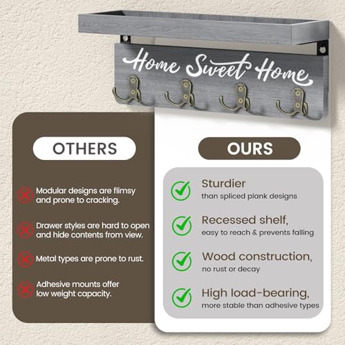 buways Key Holder Wall Mount with 8 Hooks and Cozy Home Sign (Gray) | Solid Wood, Floating Shelf for Keys, Mail, and Daily Essentials in Entryways, Hallways or Home Decor