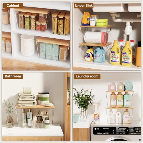 2 Set Pantry Organizers and Storage with Bamboo Lids, Stackable Clear Bins for Onion, Potato, Fruit, Vegetables, Trash Bag Dispenser, Kitchen and Under Sink Organizer