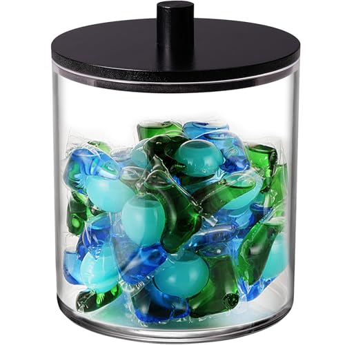 SheeChung 1 Pack 50oz Laundry Pods Container with Matte Black Bamboo Lid | Shatterproof Laundry jars- Clear Plastic Storage Canister for Scent Beads & Bath Salts with Labels & Spoon