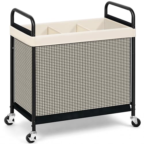 STORAGE MANIAC Rolling Laundry Hamper with Wheels 3-Section Laundry Sorter Rolling Laundrys Basket on Wheels with Removable Bag Clothes Hamper Laundrys Organizer Cart Bathroom Bedroom 120L Beige