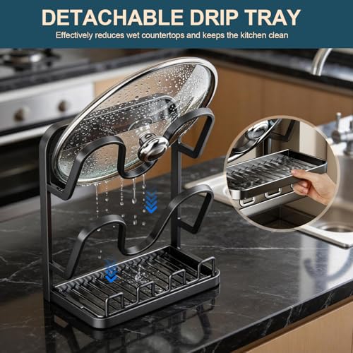 Kitchen Pot Lid Storage Rack: Carbon Steel Double-... (Grey | Metal)