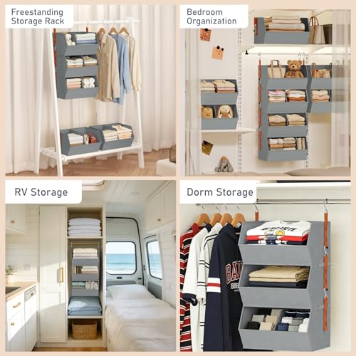 Hanging Closet Organizer Extra Large, Clothes Hanging Shelves for Closet with Divider, Collapsible Closet Storage System, Fabric Storage Bins for Home, Dorm, Rv, Sweaters, Handbags, Underwear, Sock