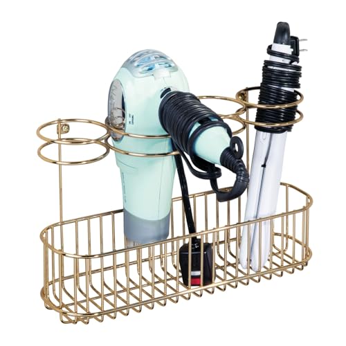 mDesign Hair Dryer Caddy – Wall Mounted Storage Rack with 4 Compartments – Hair Tool Organiser for Dryers, Curling Wands, Straighteners – Brass