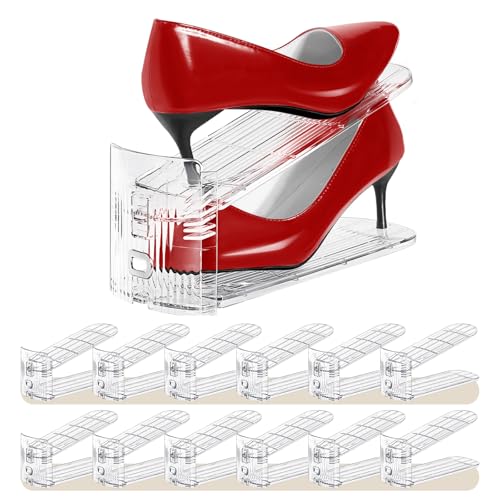 Shoe Slots Organizer 12 Pack - Shoe Stacker,3 Levels Adjustable,Space Savers 50%,Double Layer Holders for Closet (Transparent),Organizador de Zapatos