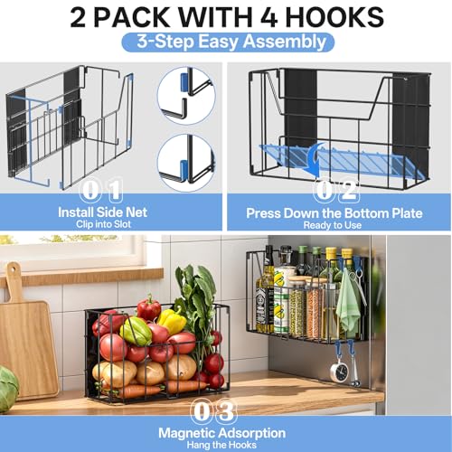 2-Pack Magnetic Folding Storage Shelf, No Drill Heavy Duty Organizer with 4 Hooks Magnetic Basket Shelves for Laundry Kitchen RV Refrigerator Washing Machine Garage