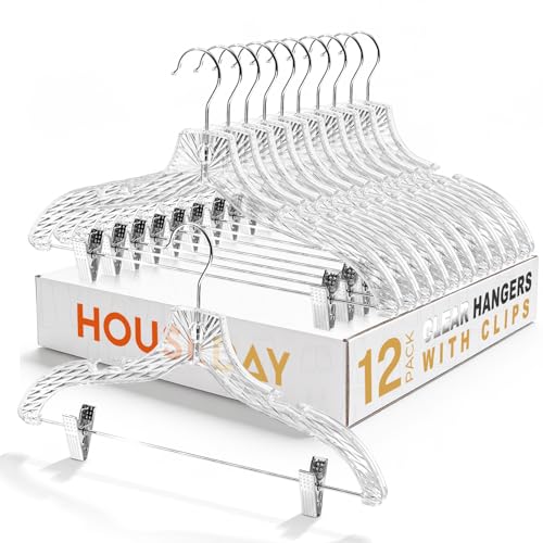 HOUSE DAY Clear Hangers with Clips 12 Pack, Set Hanger for Tops and Bottoms | Clear Clothes Hangers with Adjustable Clips, Shoulder Notches and Swivel Hook for Pants, Skirts, Dresses and Tops